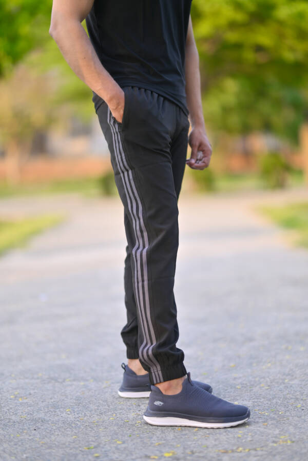 Micro Stretch Fabric Black with Three Grey Stripes Trousers