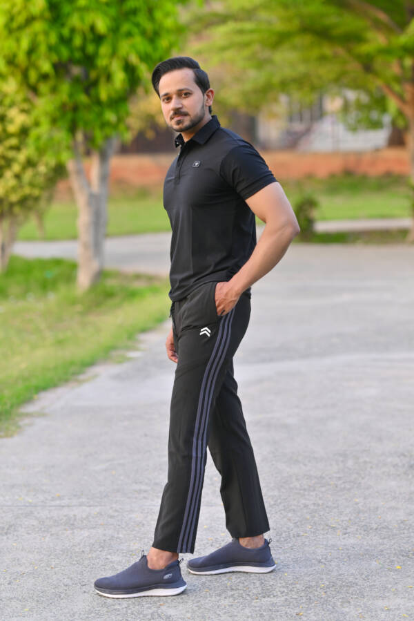 Micro Stretch Fabric Black with Three Grey Stripes